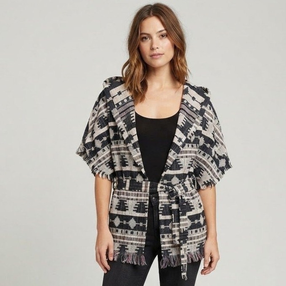 BB Dakota Hooded Belted Cardigan Womens Medium Black White Geometric Fringe Boho